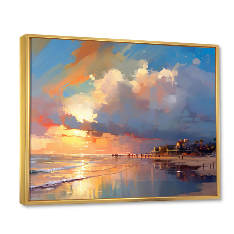 «Sunset Serenity» par Ocean en rose tendre et bleu sur toile, H 16 po x l 32 po x P 1 po, Cadre flottant doré