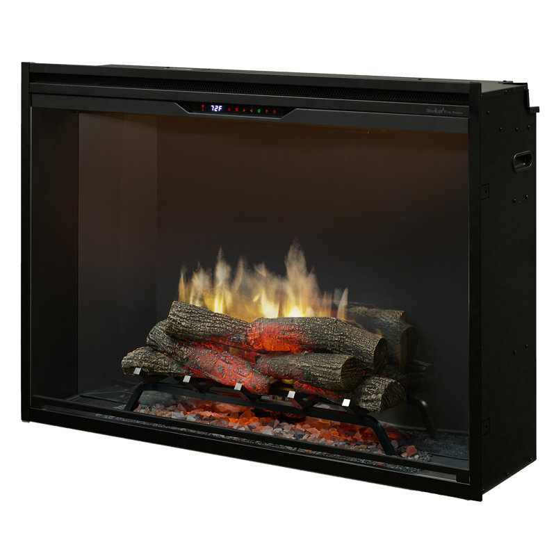 Foyer électrique Dimplex Revillusion encastré sur fond noir, H 31 po x l 43,25 po x P 12,1 po