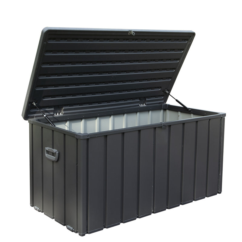 100 Gallon Patio Storage Bin - Waterproof, Lockable For Garden Tools & Beach Gear Dark Grey Box Holds Outdoor Supplies Pool Accessories