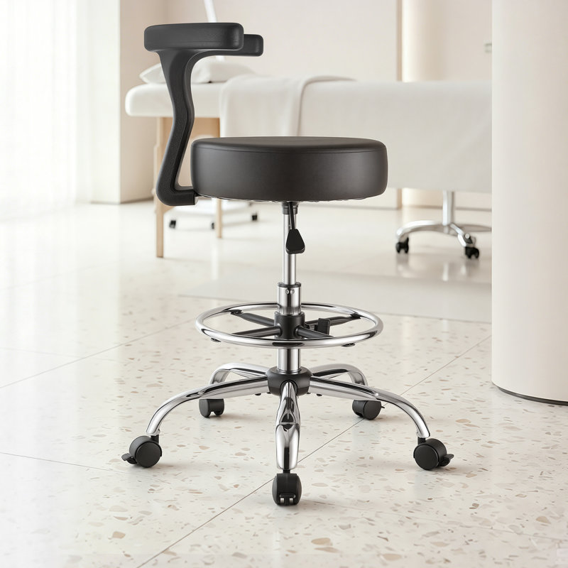 Rolling Stool with Back Support, 500 lbs Weight Capacity, Height Adjustable, Thick Cushion Ergonomic PU Leather Seat, 360° Swivel Round Rolling Stool Chair for Dental, Salon, Clinic, Black