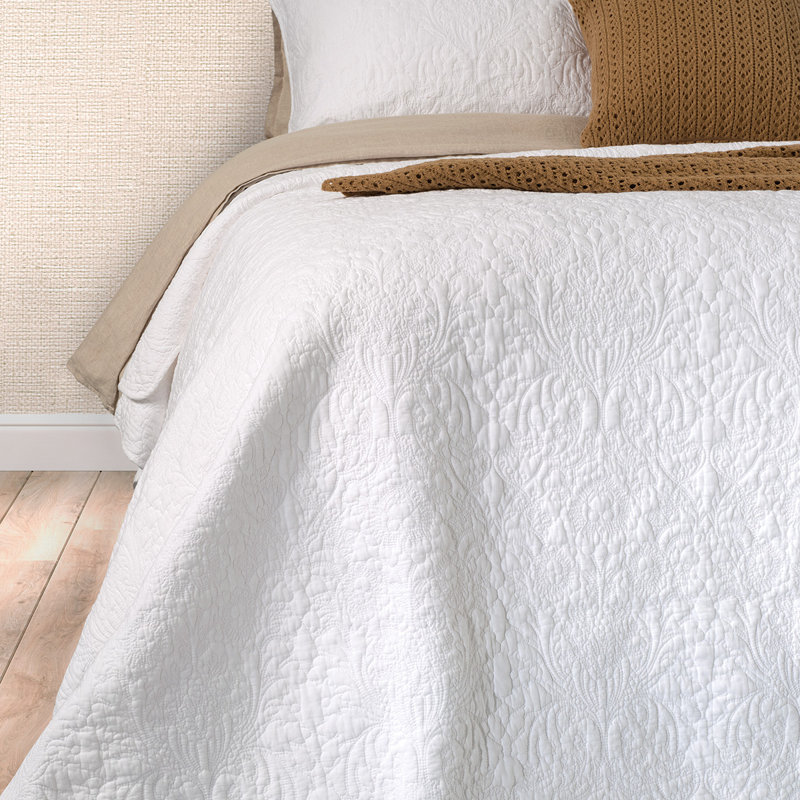 Ensemble de courtepointe damassé à coutures blanches, Courtepointe pour grand lit + 2 taies décoratives