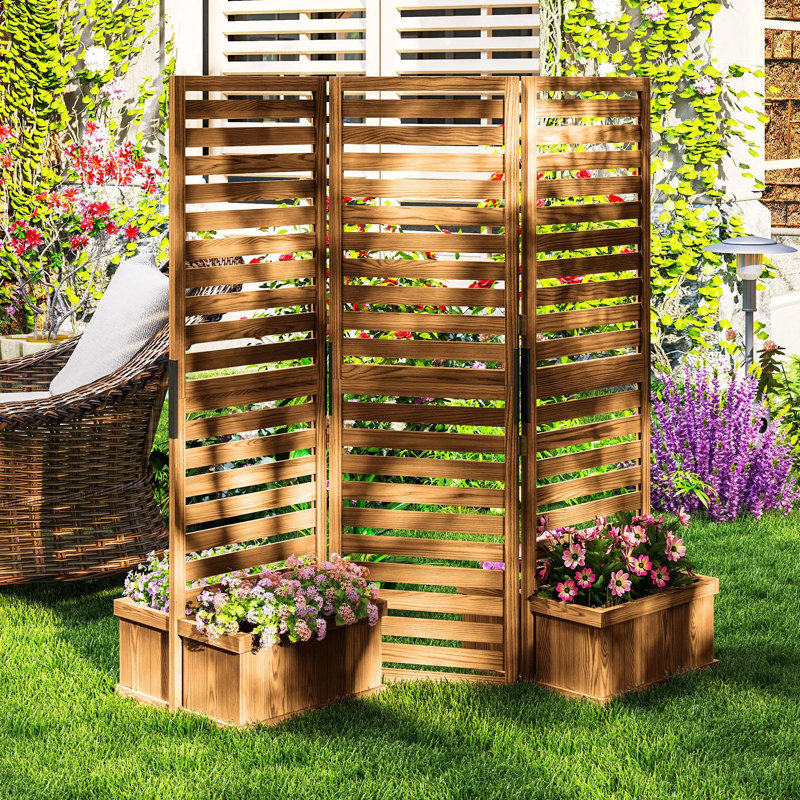 Panneau de treillis en bois 62,5 po x 19 po x 66 po avec 4 bacs à fleurs, écran de jardin surélevé autoportant, clôture d'intimité en bois naturel pour patio, cour arrière