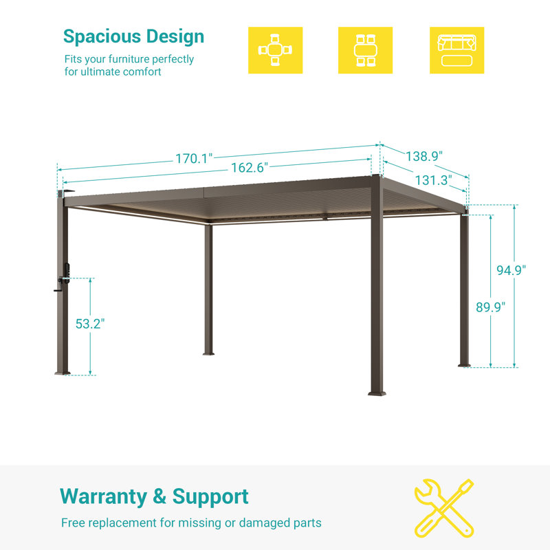Solar LED Louvered Pergola, Outdoor Metal Pergola with LED Strip Lights, Patio Pergola with Adjustable Roof for Patio, Deck, Garden,Yard