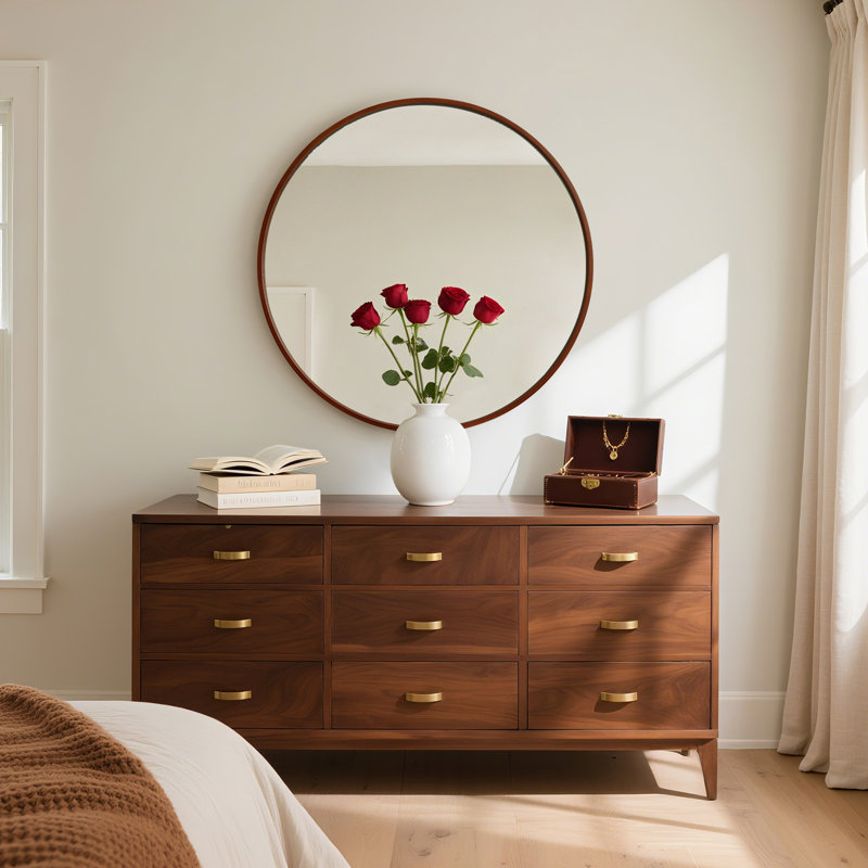 Karrina Accent Wood Round Mirror, 36" x 36", Walnut