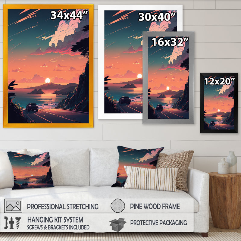 «Road to the Sunset II», reproduction sur toile, H 20 po x l 12 po x P 1 po, Cadre photo noir