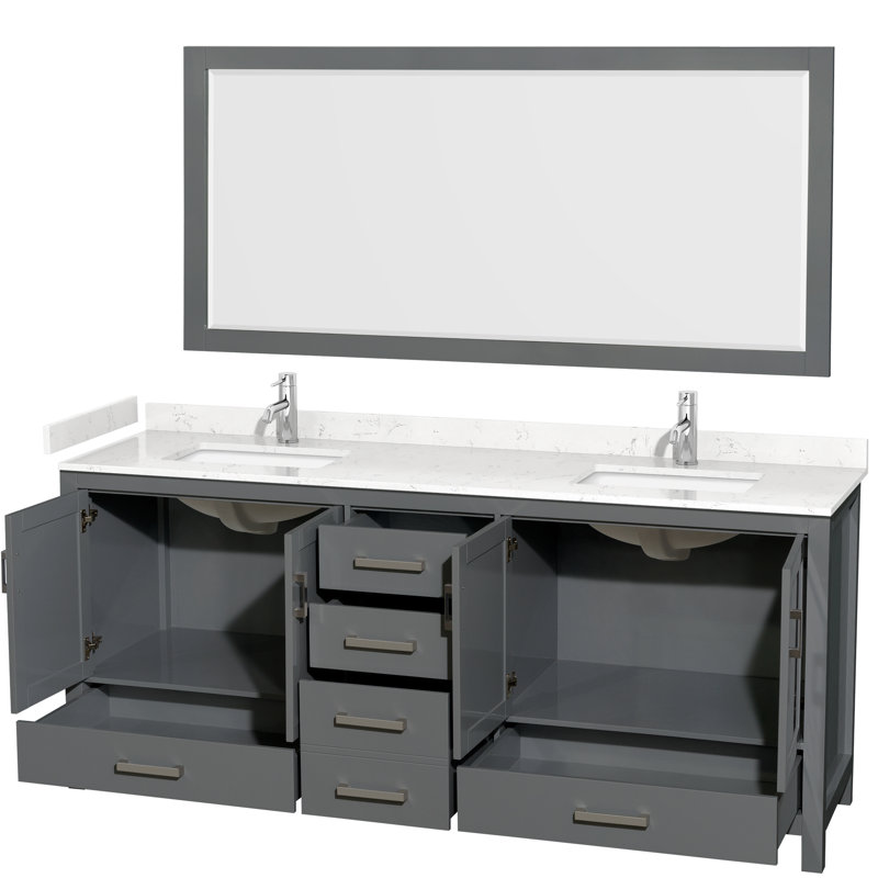 Sheffield Freestanding Double Bathroom Vanity with Cultured Marble Top with 70" Mirror, Carrara Cultured Marble, Dark Gray