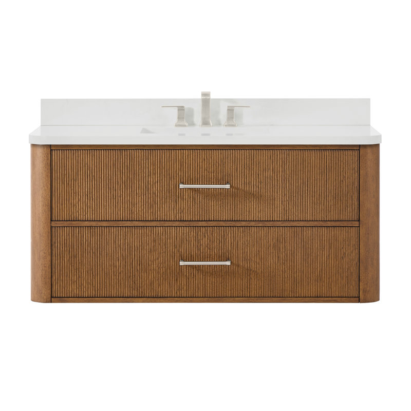 Ensemble de meuble-lavabo mural simple 48 po en noyer grillé Francesca, Brun et nickel brossé, Quartz blanc