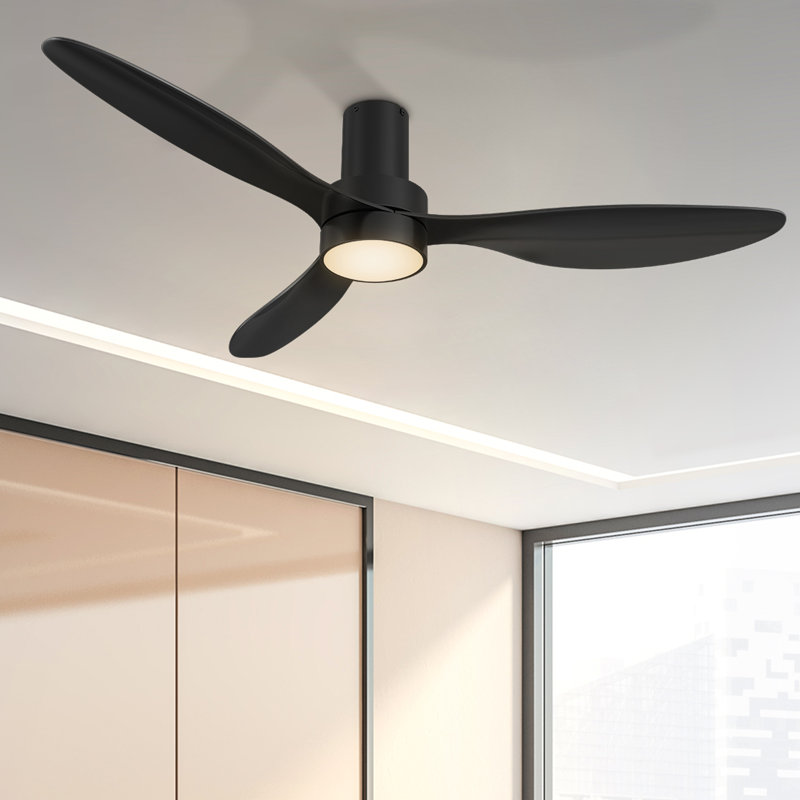 Smart 52" Black 3 Blades LED Flush Mount Ceiling Fan with Remote Control, Black