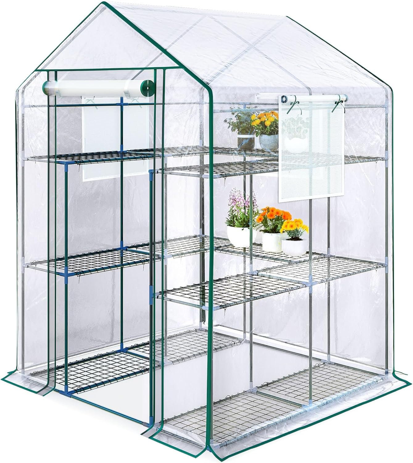 KING BIRD Broeikas 56x56x77 Inch - Walk-in Kas Met PVC-hoes, Stalen Frame, Gaasdeur, 14 Planken