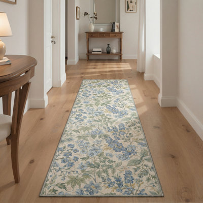 Aura Floral Machine Washable Blue/Beige/Green Indoor Area Rug With Non-Slip Backing