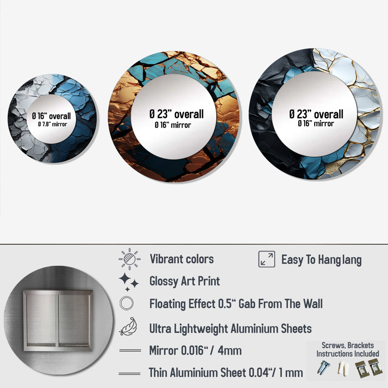 Turquoise White And Gold Marble Art I Metal Round Mirror