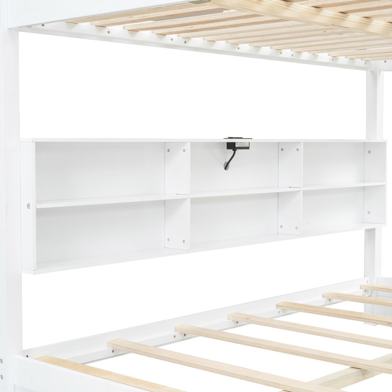 Queen Over Bunk Bed, White - With Storage & Charging Bed Storage, Robust Build, White