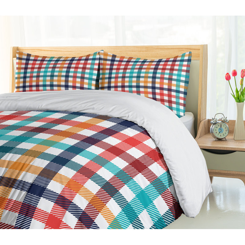 Colorful Gingham Plaid Queen Duvet Cover Set with Pillow Shams