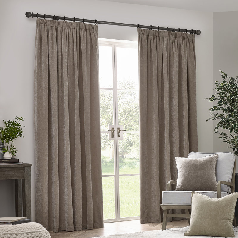 Heavy Chenille Room Darkening Pencil Pleat Curtains, Grey, 229 W x 229 D cm