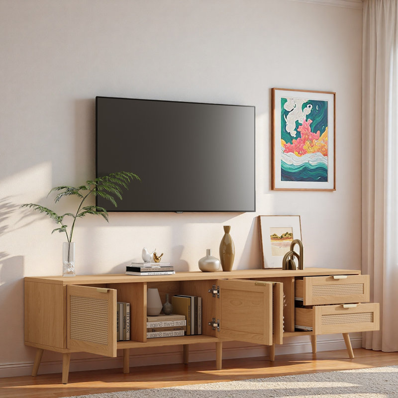 Meuble télé moderne avec portes en rotin, 2 tiroirs, 3 armoires de rangement et trous pour câbles