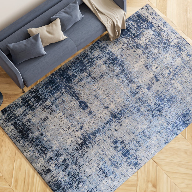 Tapis en viscose / laine noué à la main argent / bleu, Rectangle 8 pi x 10 pi