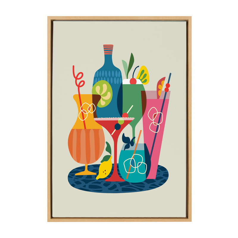 «Mid Century Modern Cocktail» par Rachel Lee, 3 oiseaux, reproduction d'art sur toile encadrée, Toile avec cadre doré