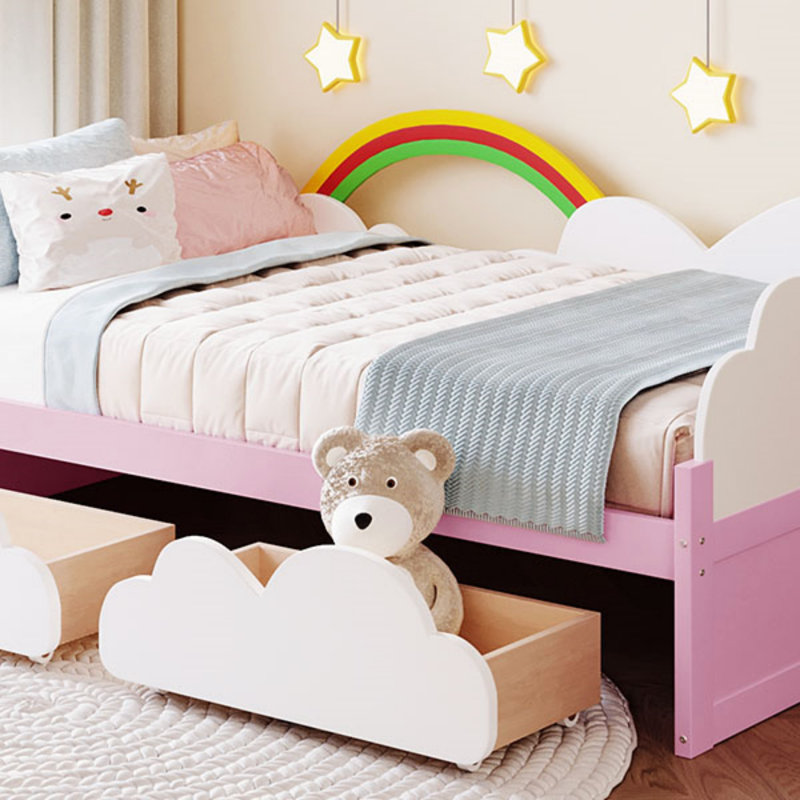 Lit plateforme enchanteur avec nuages et décor arc-en-ciel, parfait pour l'imagination des enfants et l'esthétique de la chambre à coucher, avec tiroirs de rangement