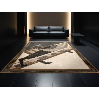 Tapis art déco Pittman Assyrian Lamassu lavable à la machine en noir - reliure brun clair