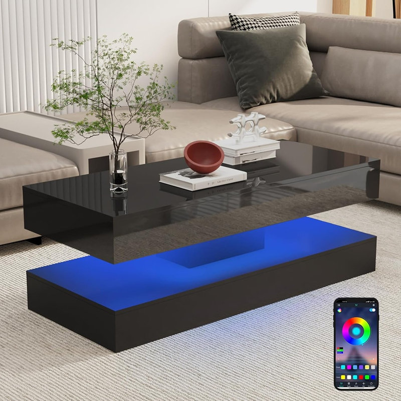 Grande table basse à DEL - noir / blanc - 47,3 po avec 2 tiroirs de rangement et lumières DEL contrôlées par l'application