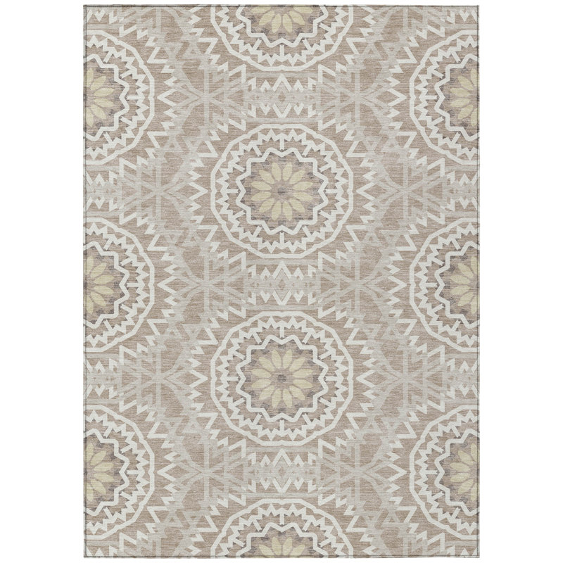 3' X 5' Taupe Khaki And Ivory Floral Medallion Washable Indoor Outdoor Area Rug
