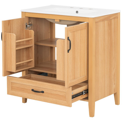 Meuble-lavabo de 30 po avec lavabo en céramique, portes à fermeture douce, tablettes réglables, compartiments de rangement et tiroirs