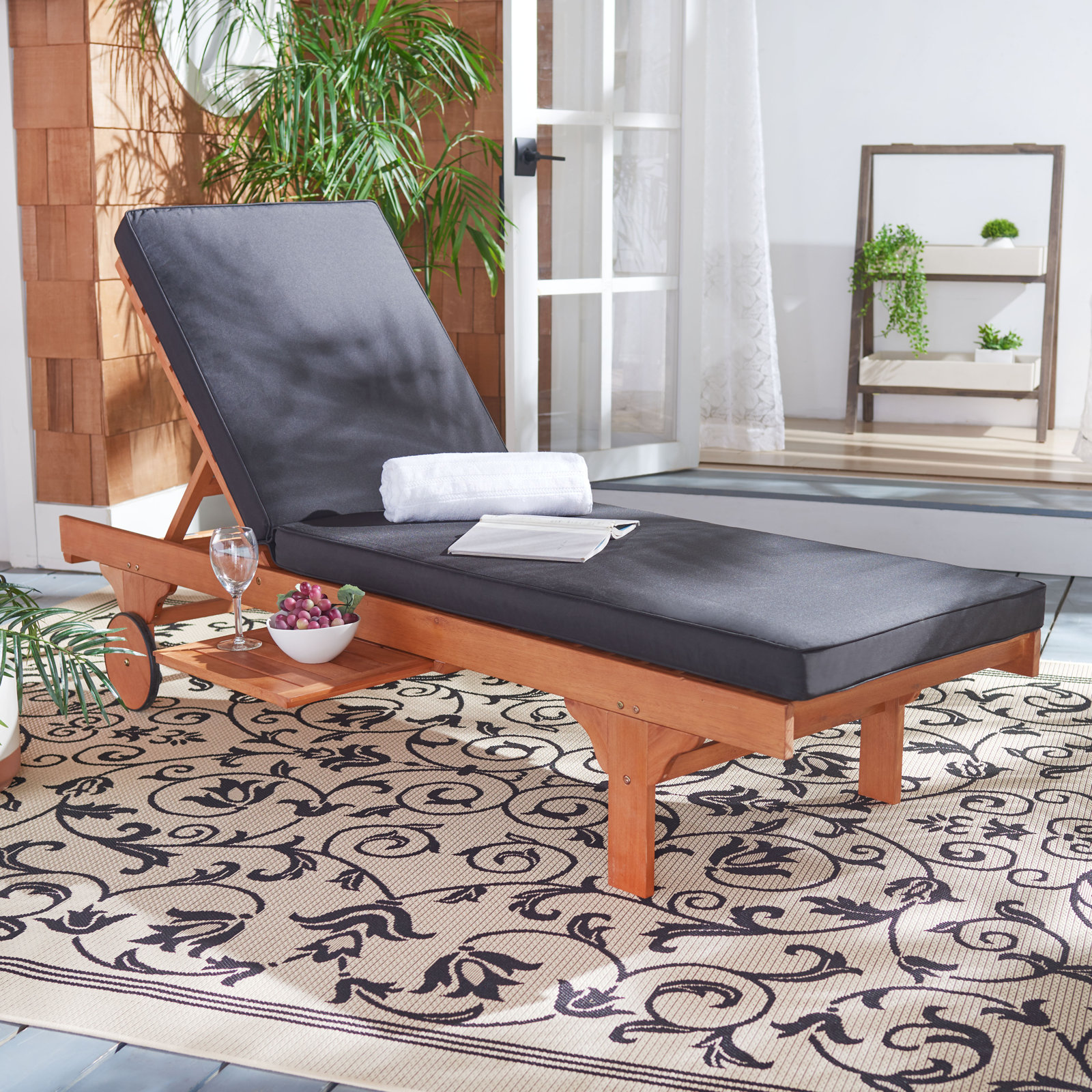 Jivera 28" Eucalyptus Patio Chaise Lounge, Natural, Black