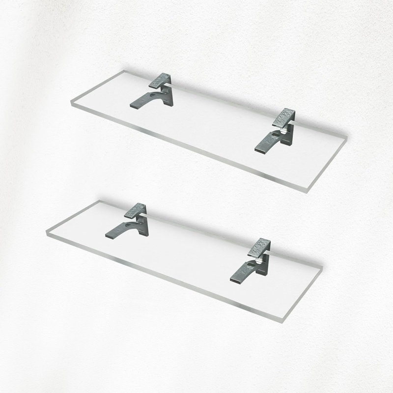 Clear Acrylic Shelves 14.5 inches, 3/4" Thick Transparent Wall Mounted Floating Shelves for Bedroom, Living Room, Bathroom, Kitchen -‎ with Screws and Chrome Finish Brackets, Pack of 2