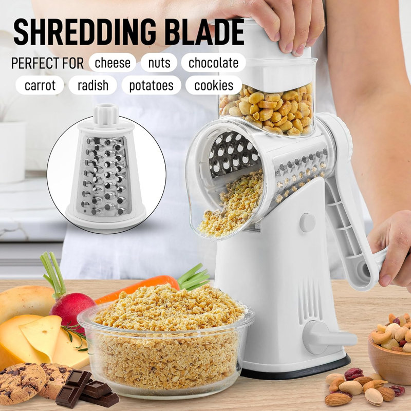 Zulay Kitchen Rotary Cheese Grater with 5 Stainless Steel Blades and Suction Base, White