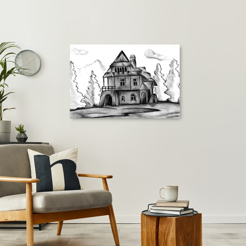 Affiche murale représentant un mystérieux manoir de montagne, une architecture gothique rustique et traditionnelle en forêt