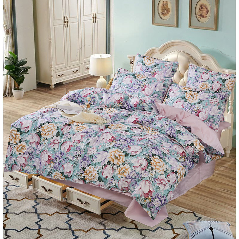  Ensemble de housse de couette 100% coton 800TC 800TC, 3 pièces, ensemble de literie Shabby Chic à motif de fleurs de jardin, motif botanique esthétique pour chambre d'amis