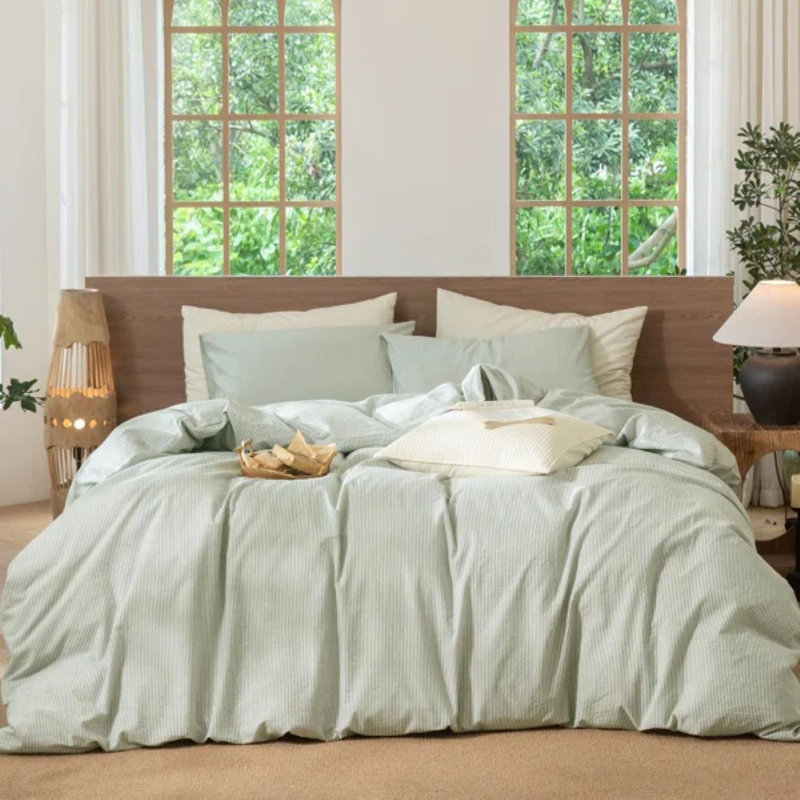 MooMee Striped Duvet Cover Set 100% Washed Cotton Linen Like Textured, California King Duvet Cover + 2 King Pillowcases