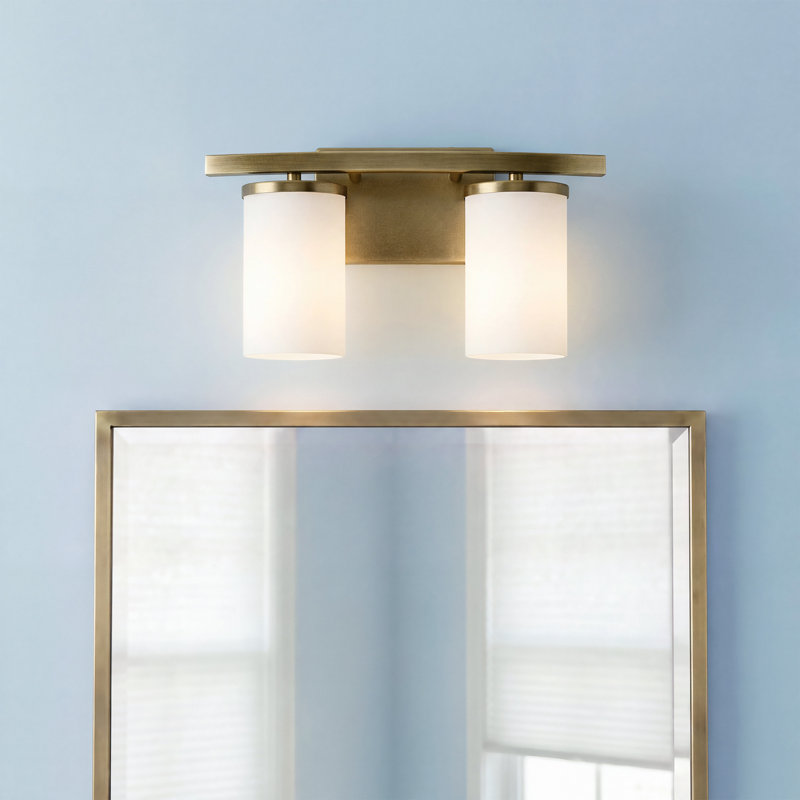 2-Light Natural Brass Bath Vanity Light with Satin Etched Glass Shades