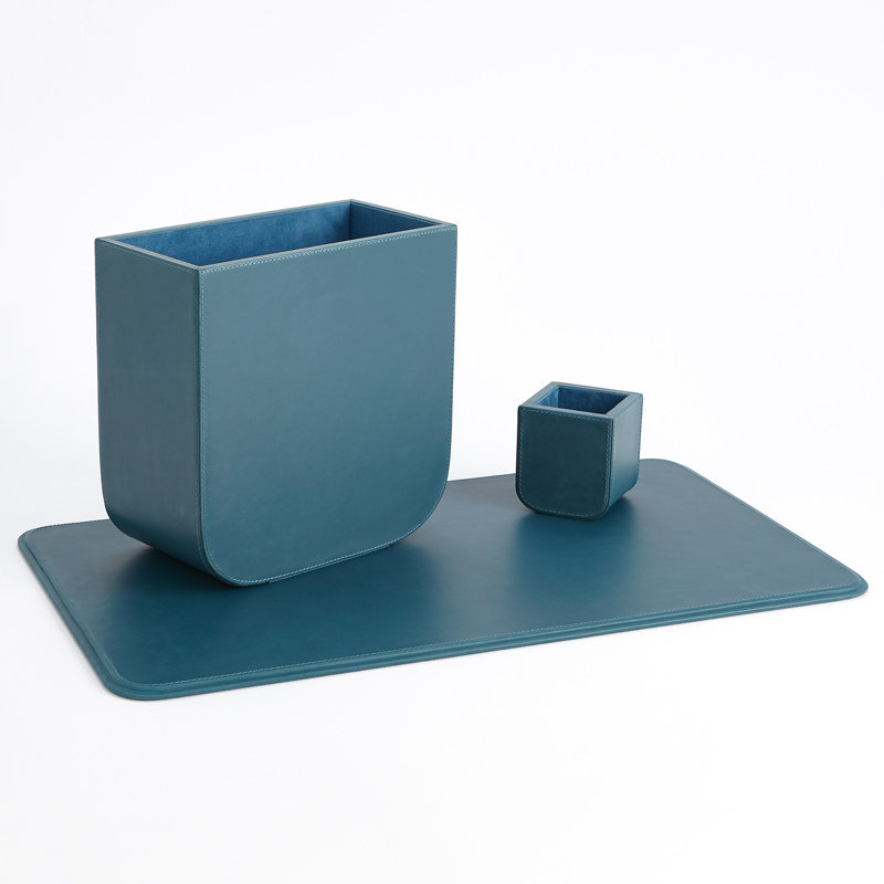 Radius Edge Leather Wastebasket, Blue