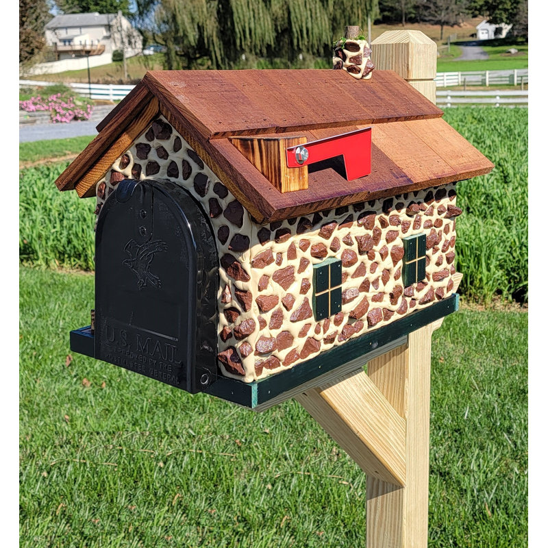 Amish Red Stone Mailbox, Handmade, Barn Style
