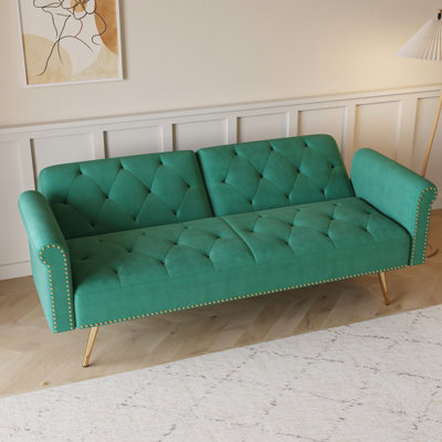 Lit en velours de 69,7 pouces, conception moderne à 2 places pour la chambre à coucher, garniture cloutée, pieds en métal doré, rembourrage en éponge, lit en velours avec outils de base, pas besoin supplémentaire