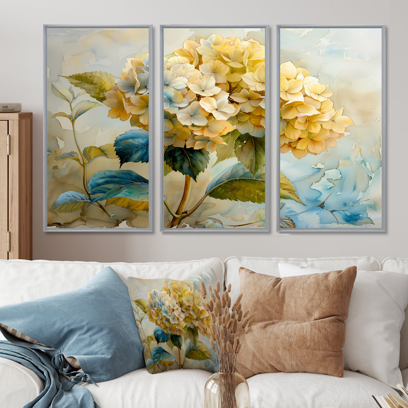 Ensemble de décorations murales jaune hortensia jaune et bleu, Toile argentée avec cadre flottant, H 40 po x l 60 po x P 1 po