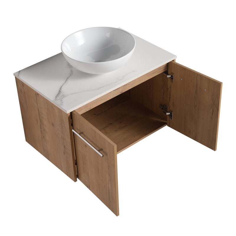 Ensemble de meuble-lavabo simple 30 po Rarnby, meuble-lavabo mural avec vasque en céramique blanche, meuble-lavabo flottant avec 2 portes à fermeture douce, meuble-lavabo simple avec plateau