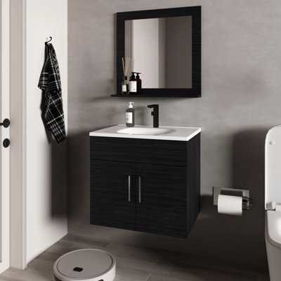Meuble-lavabo 2 portes avec design flottant, lavabo et miroir - ombragé, effet d'éclairage amélioré, matériau, style moderne pour lavabo de salle de bain, tons, miroir réfléchissant transparent, armoires étanches,