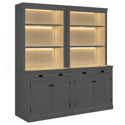 Bibliothèque de 83,4 po de hauteur, ensemble de bibliothèque moderne avec éclairage à DEL 3 pièces, portes et tiroirs, ensemble de 2 bibliothèques de rangement avec tablettes ouvertes pour le salon, le bureau personnel