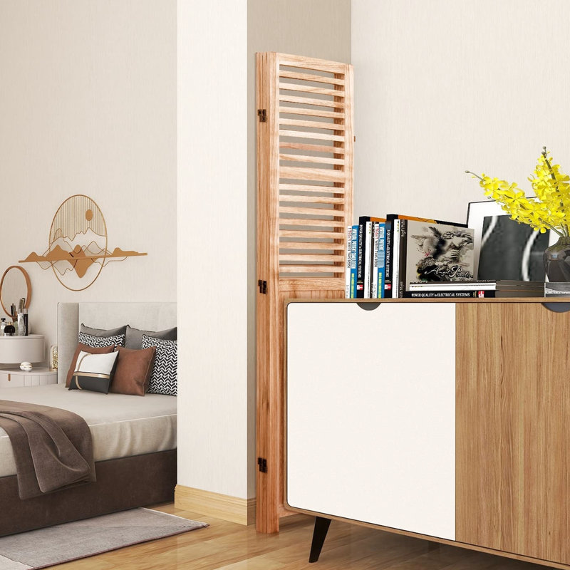 Paravent en bois massif à 4 plis, l 55,2 po x H 65 po, teinte naturelle, charnières en métal pour une utilisation simple et pratique, rehausse le décor de la pièce, se déplie sans effort, intérieur
