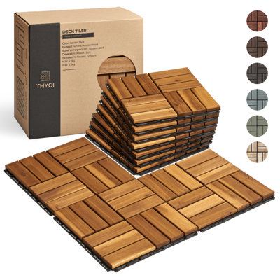 Carreaux de terrasse Thyoi, planchers de patio - tuiles d'extérieur imperméables en bois d'acacia pour une utilisation tout temps - balcon, cour, intérieur et extérieur (motif vert croisé, 30 pièces - 30 pieds carrés)