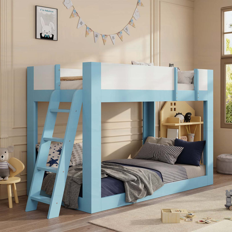 Lit simple superposé simple avec échelle réversible et garde-corps de sécurité, idéal pour économiser de l'espace et la sécurité des enfants, bleu et blanc