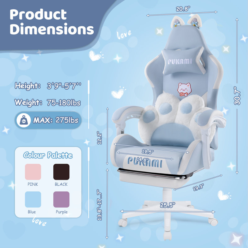 Ivy Bronx Gaming Chair With Cat Ears And Cat Paw Cushion Pillow,cute Computer Chair For Girl With Footrest, Blue
