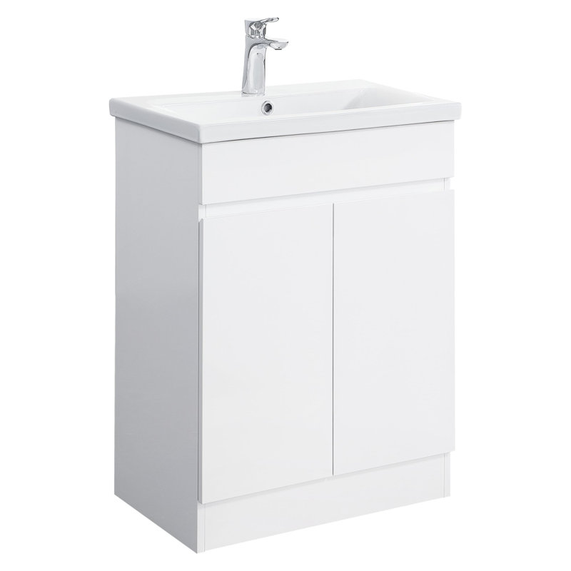 iBathUK TRENT 600 FS CABINET W/ DOOR W/ GROOVE HANDLES HG WHITE & MID-EDGED BASIN