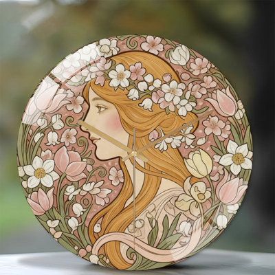 Horloge murale 12 po ronde en verre trempé - inspirée d'Alphonse Mucha, quartz silencieux
