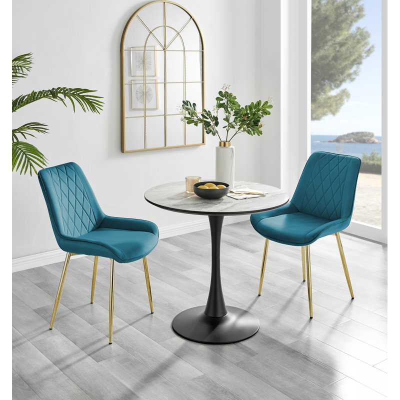 Ellis White Marble Effect Melamine Round Dining Table Set with 2 Luxury Velvet Dining Chairs, Blue/Gold