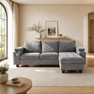 100" Corduroy L-Shaped Sectional Sofa with Reversible Storage Chaise, Modern Modular Couch with Cup Holders, USB Ports & Storage Armrests for Living Room