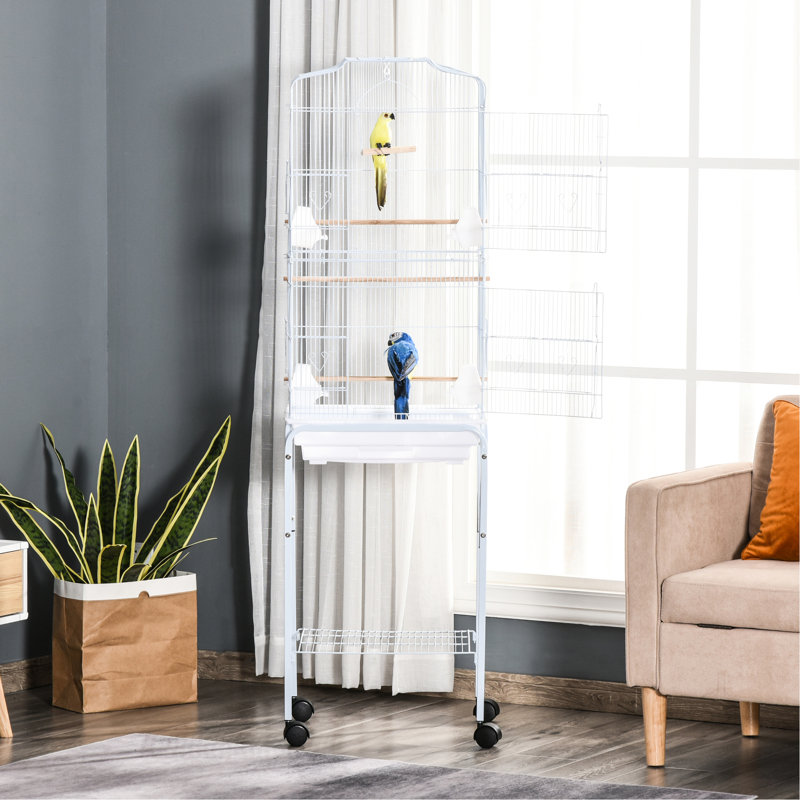 Ensemble de cage à oiseaux 60 po en métal avec support, blanc. Espace spacieux pour les perroquets. Portes faciles d'accès. Matériau. Nettoyage simple. Roues silencieuses portatives, roulantes, amovibles, petits oiseaux spacieux. Accès pratique.