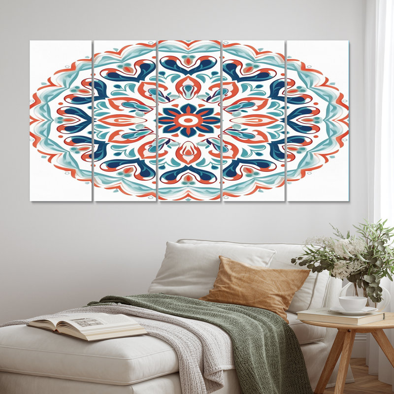 Mandala sacré en bleu rétro I - impression sur toile Boho Mandala - 5 panneaux égaux